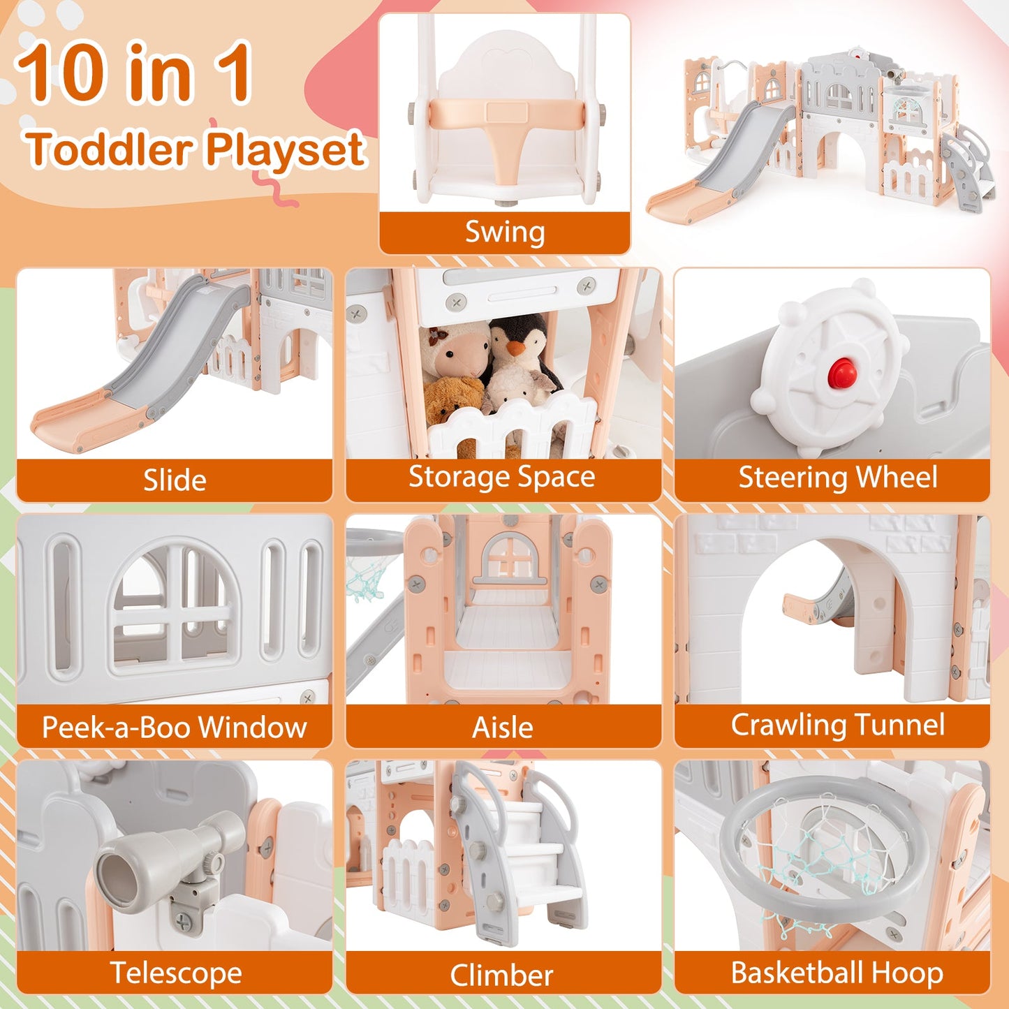 10-in-1 Toddler Swing and Slide Set Climber Playset with Basketball Hoop