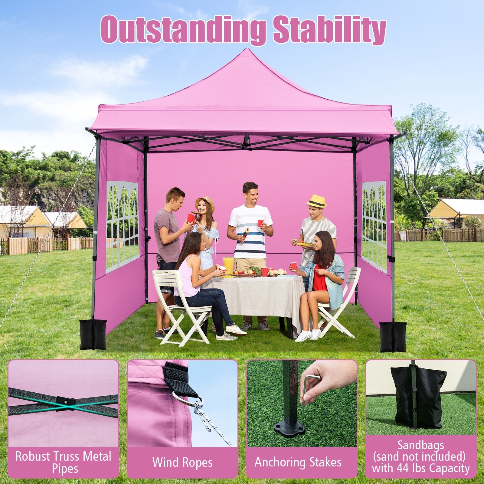 GemGear 10 x 10 ft pop up canopy tent with pink sidewalls and awning for outdoor party on Tampa Home & Garden Store