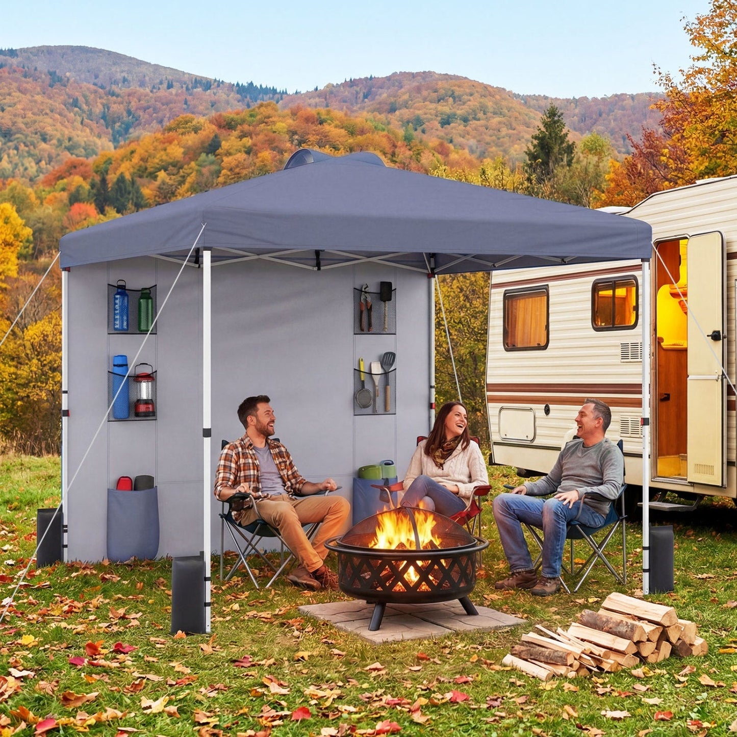 GemGear 10x10 ft pop-up canopy with sidewalls gray top 6-pocket panels outdoor setup by RV on Tampa Home & Garden Store