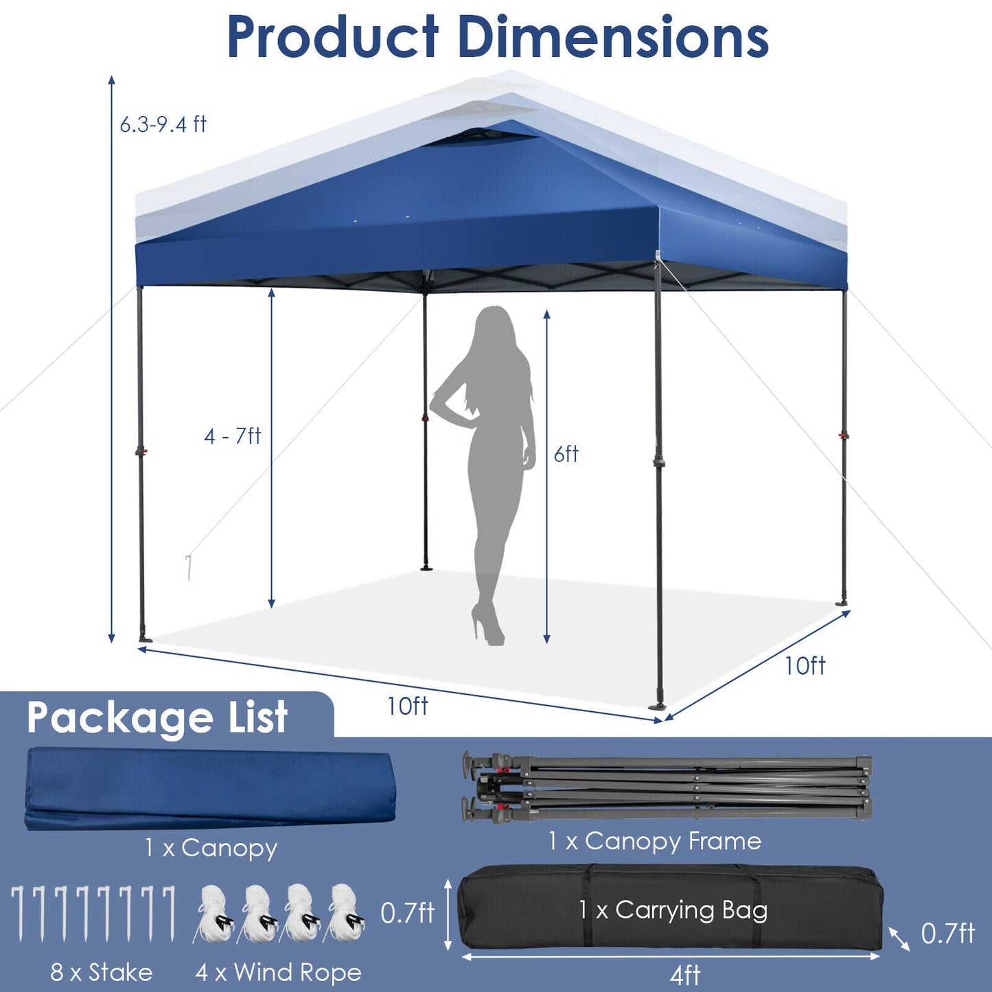 Toldo plegable instantáneo de 10 x 10 pies para exteriores con bolsa de transporte - Azul