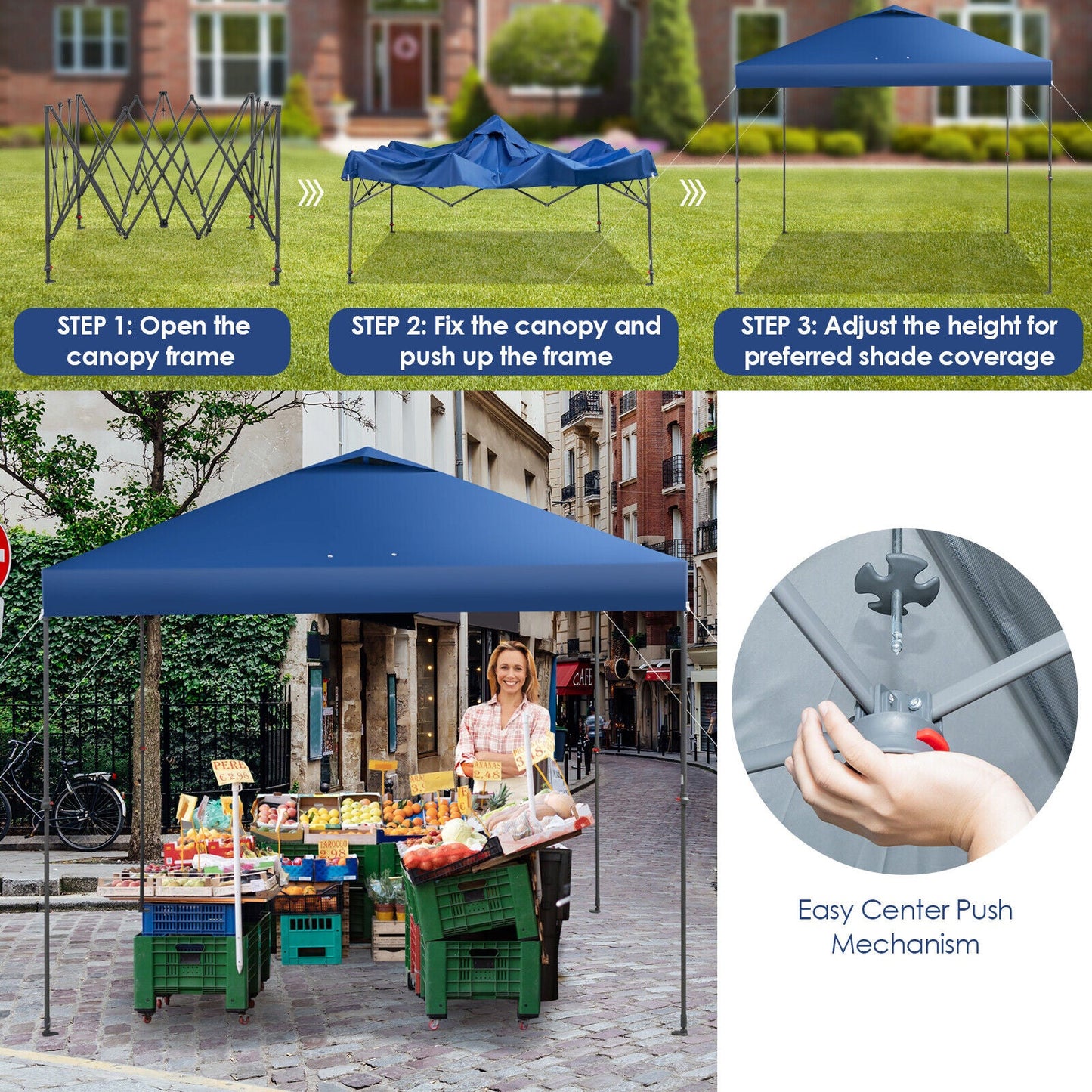 Toldo plegable instantáneo de 10 x 10 pies para exteriores con bolsa de transporte - Azul