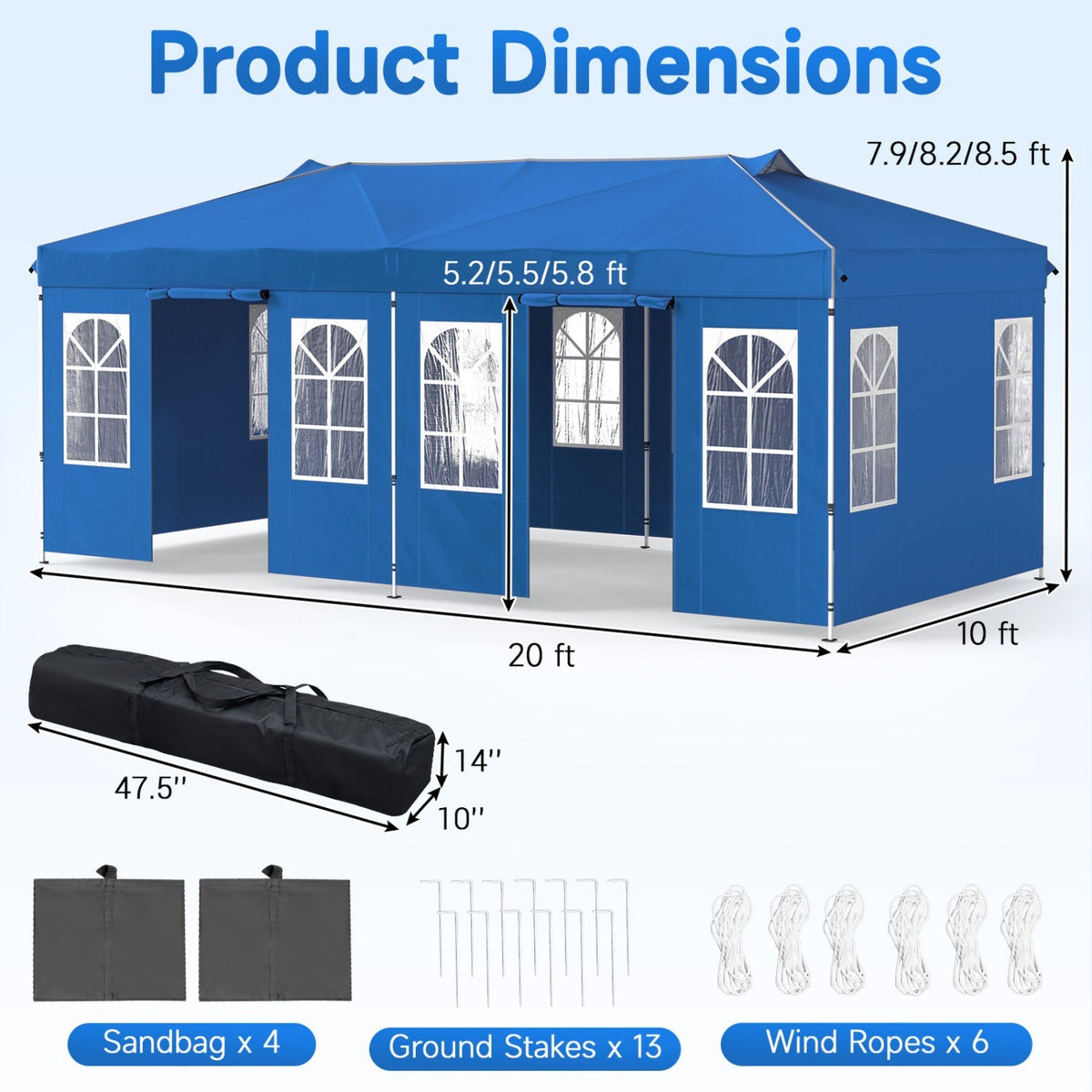 GemGear Pop Up Canopy Tent 10x20 blue, 6 sidewalls, carry bag, sandbags, stakes, wind ropes on Tampa Home & Garden Store