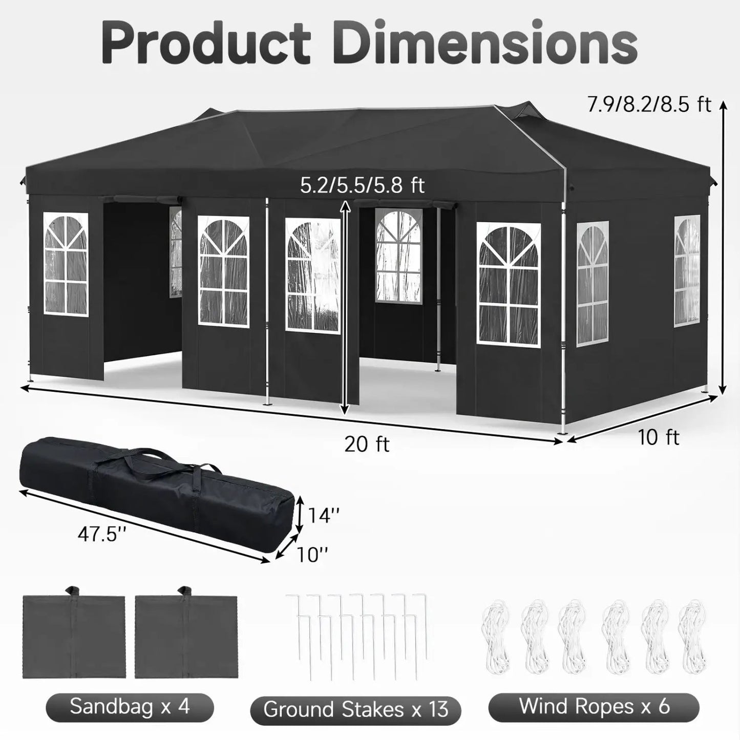 Pop Up Canopy Tent 10x20 Ft With 6 Sidewalls