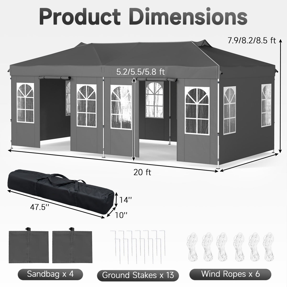 Pop Up Canopy Tent 10x20 ft GemGear with 6 sidewalls, gray canopy, carrying bag included on Tampa Home & Garden Store