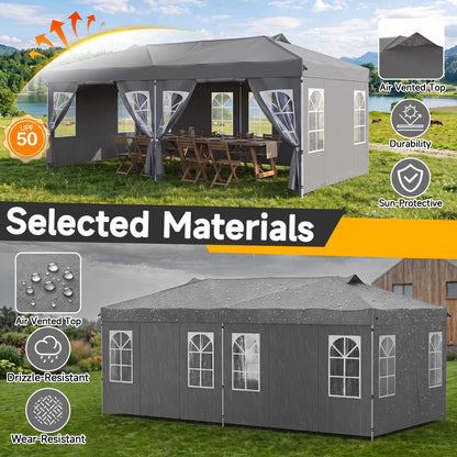 Pop Up Canopy Tent 10x20 ft GemGear gray with 6 sidewalls and air-vented top for outdoor events on Tampa Home & Garden Store