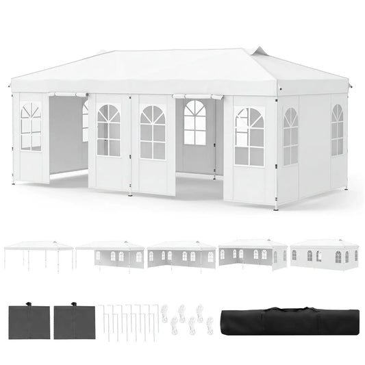 Pop Up Canopy Tent 10x20 ft with 6 Sidewalls by DirectDeals, white canopy with arched panels on Tampa Home & Garden Store