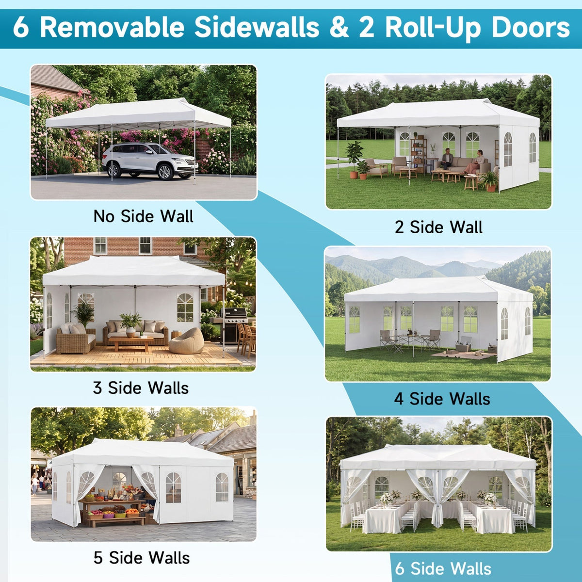 GemGear 10x20 ft pop up canopy tent with 6 removable sidewalls and 2 roll-up doors in white on Tampa Home & Garden Store