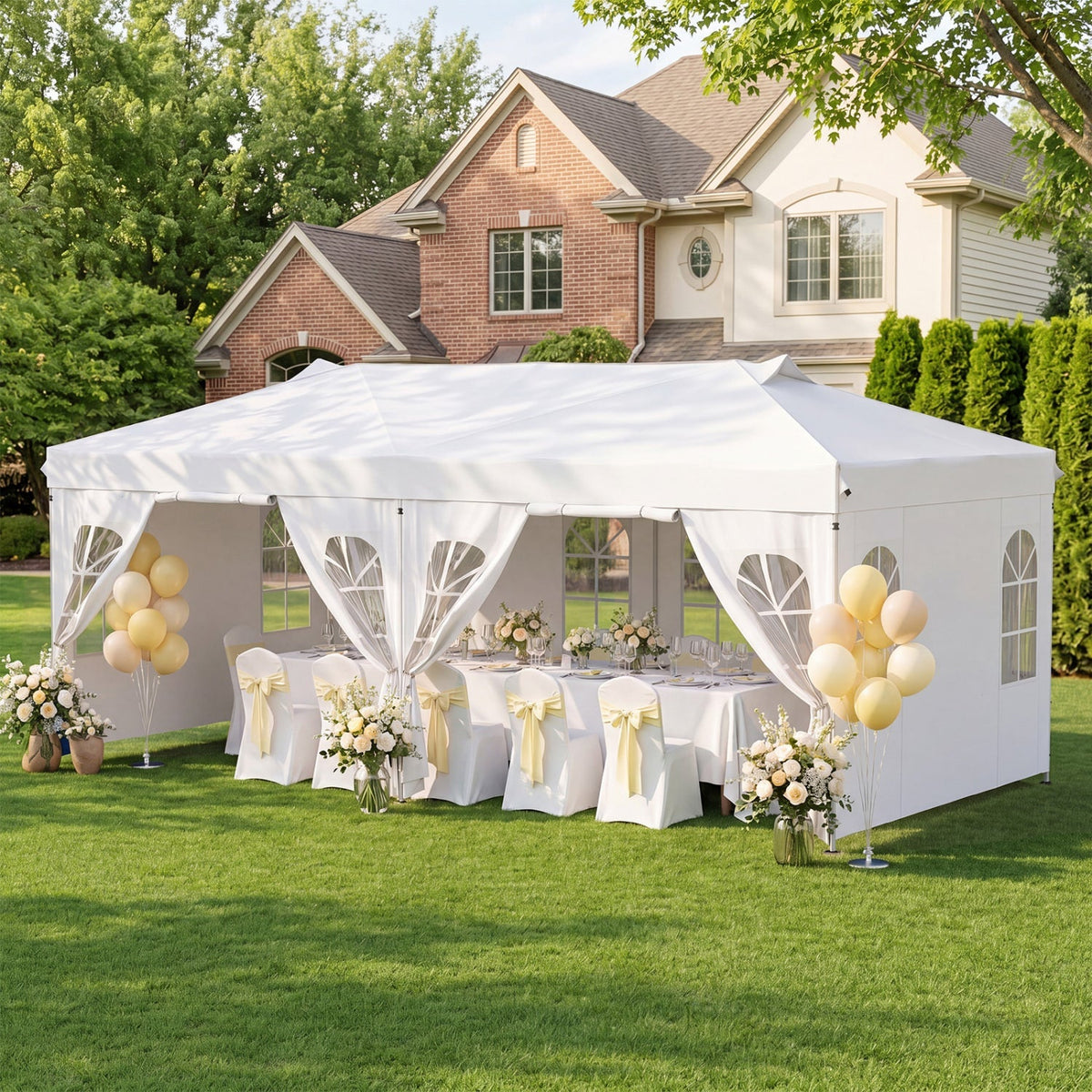 GemGear pop up canopy tent 10x20 ft with six sidewalls, white canopy with arched windows on Tampa Home & Garden Store