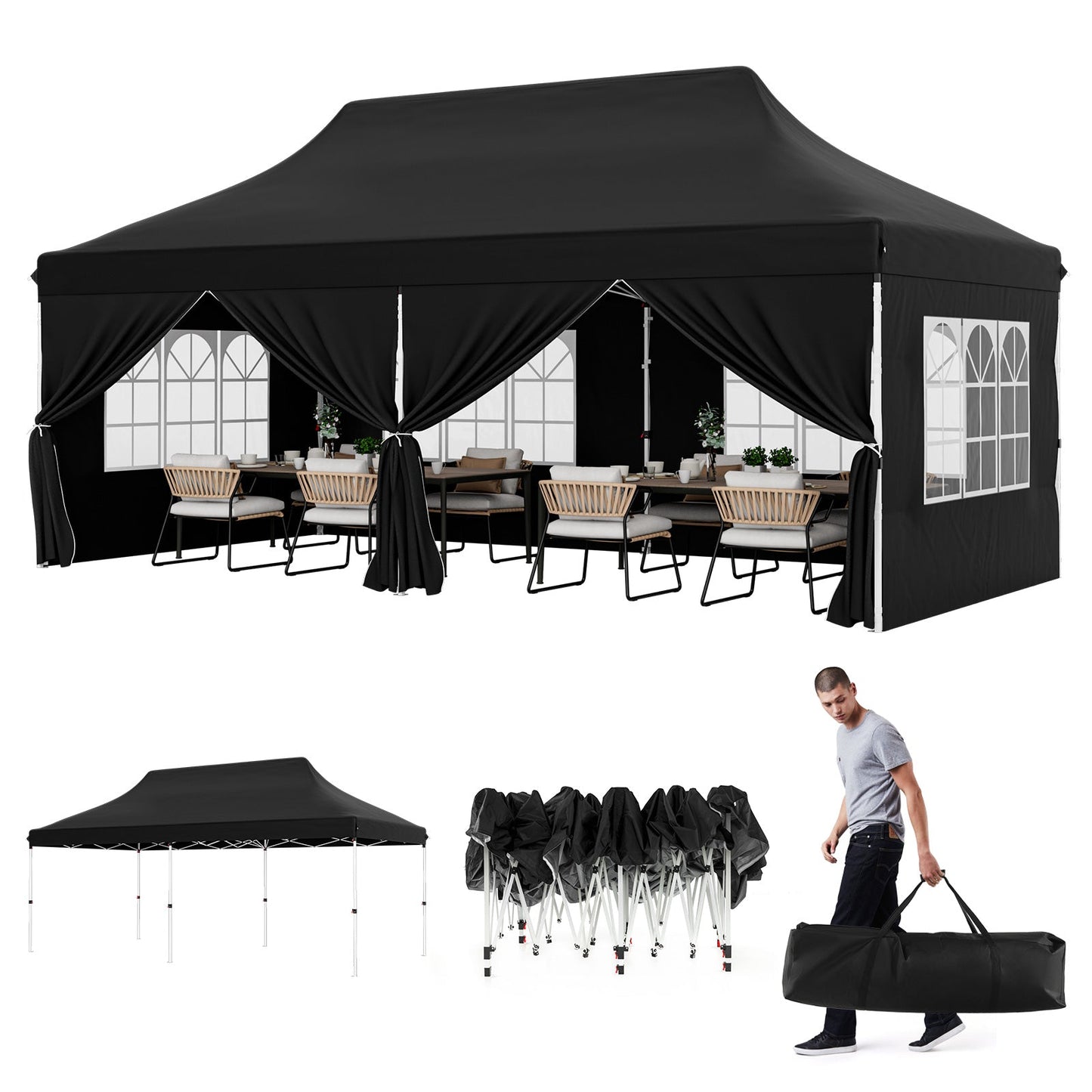 Carpa desplegable de 10 x 20 pies con 6 paredes laterales y ventanas y bolsa de transporte para fiestas, bodas y pícnics - Azul