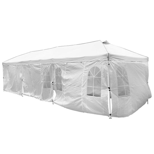 GemGear Pop Up Canopy Tent 10x30 ft with 8 sidewalls, white fabric with windowed panels on Tampa Home & Garden Store