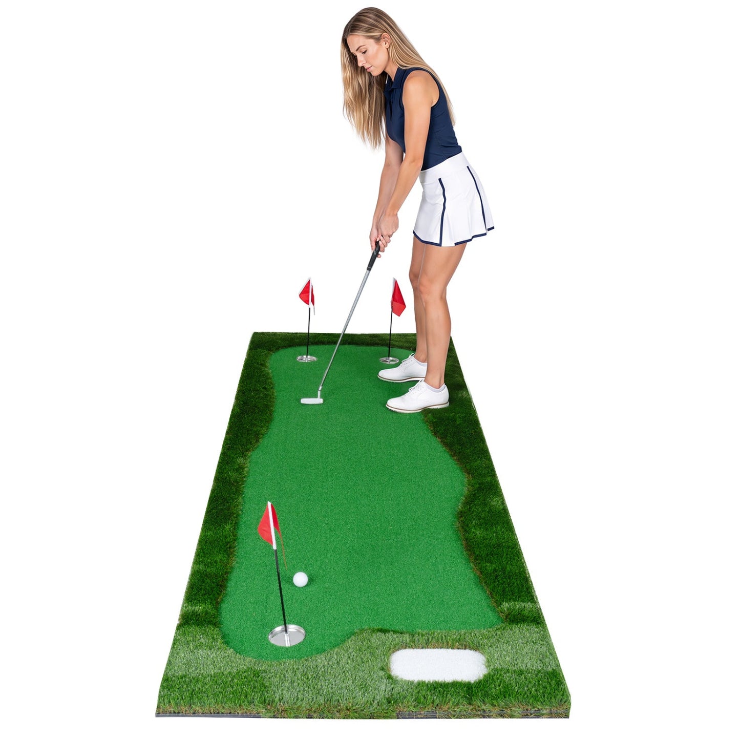 Golf Putting Green Mat 10x3.5ft with 3 Holes and Flags, green turf, red flags, DirectDeals on Tampa Home & Garden Store