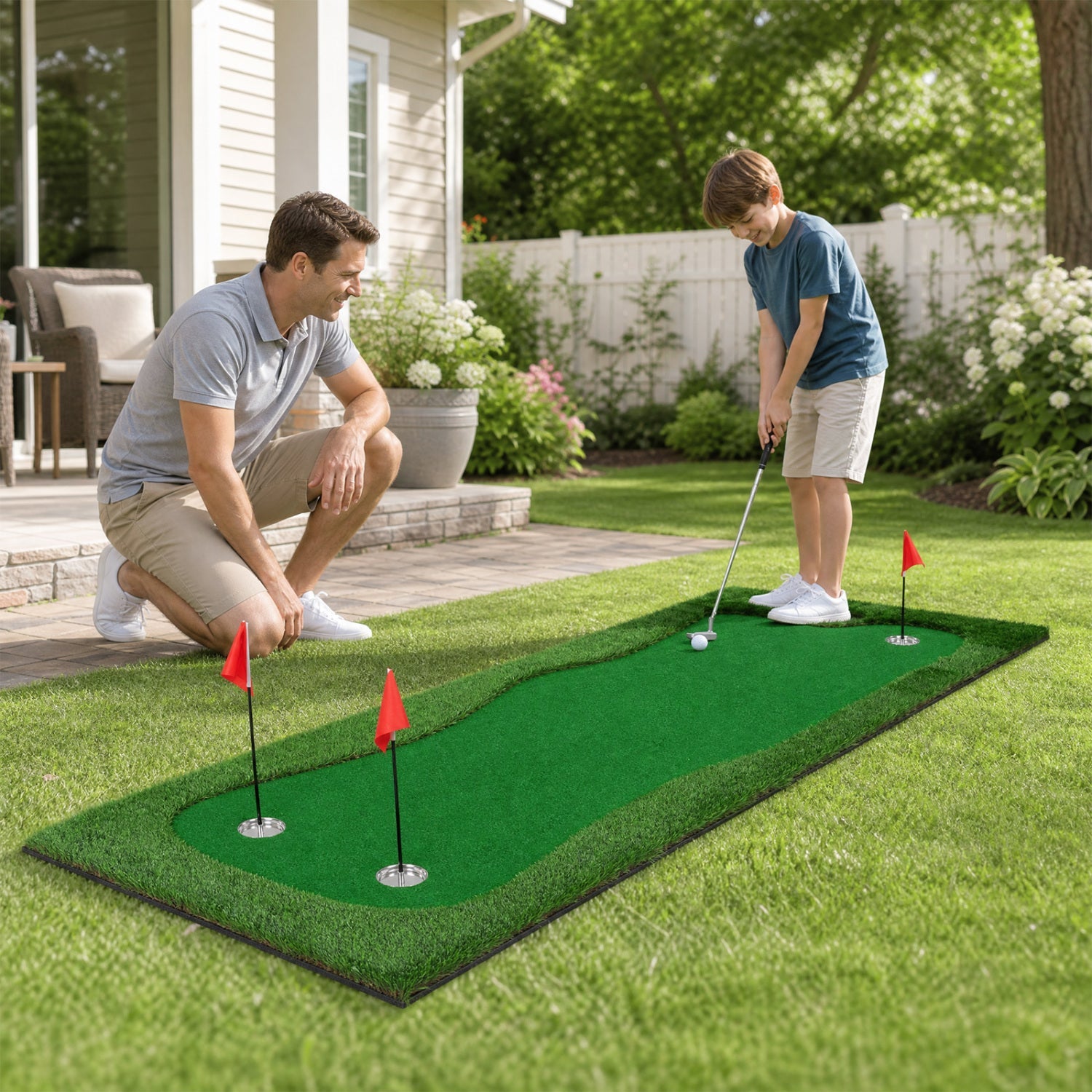 Golf putting green mat 10x3.5ft with 3 holes and red flags DirectDeals golf training aid on Tampa Home & Garden Store