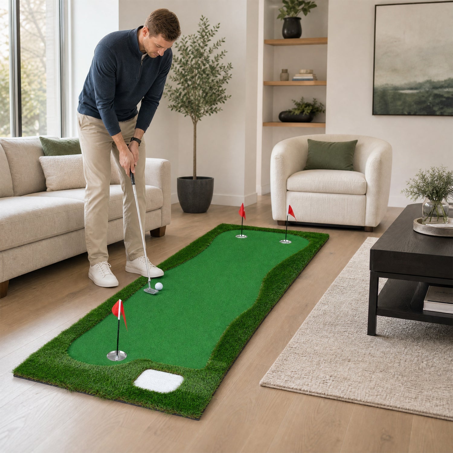 Golf Putting Green Mat 10x3.5ft with 3 holes and flags, DirectDeals golf training aid on Tampa Home & Garden Store
