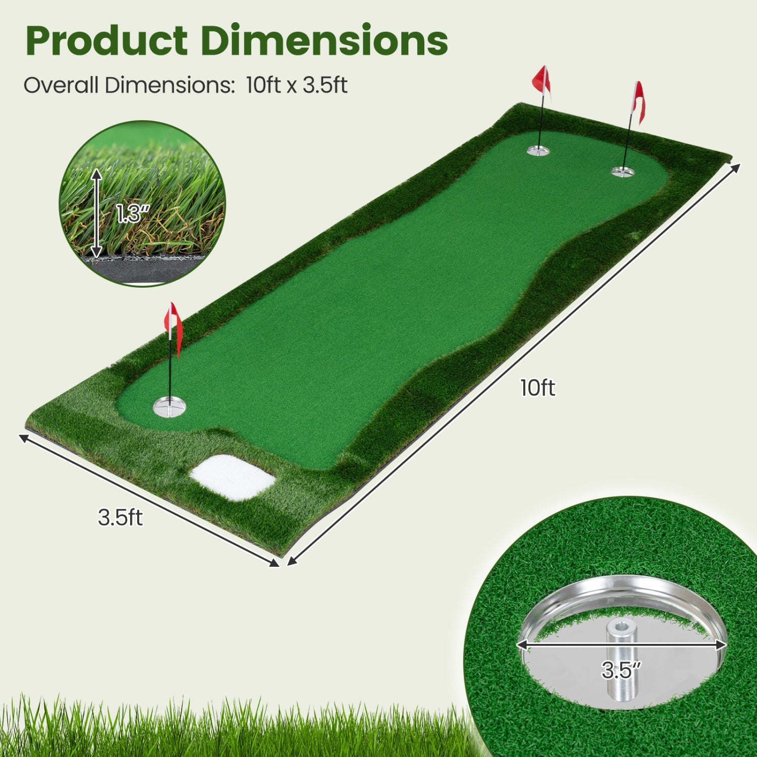Golf Putting Green Mat 10x3.5ft with 3 holes and flags, DirectDeals green turf training aid on Tampa Home & Garden Store