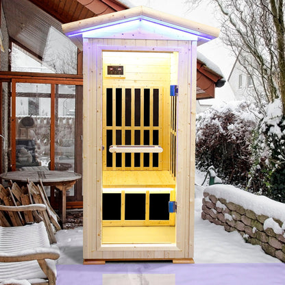 Single Person Spruce Infrared Sauna with Bluetooth Audio - Natural wood finish, blue LED lights on Tampa Home & Garden Store