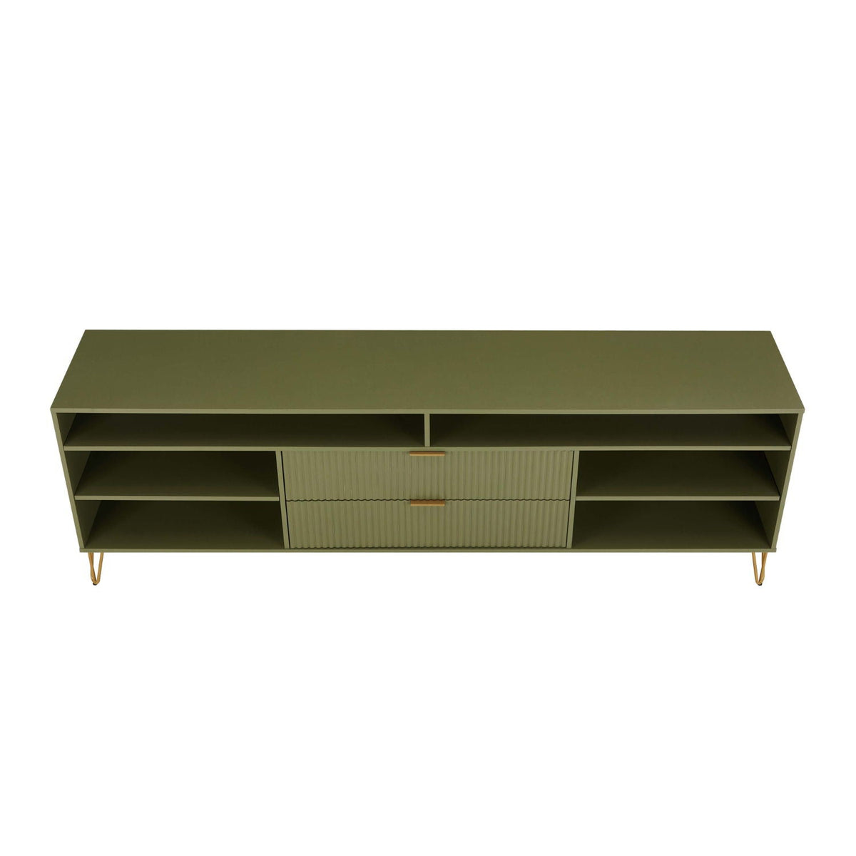 Fluted olive green TV stand with ribbed central drawers and gold metal legs; side shelves on Tampa Home & Garden Store