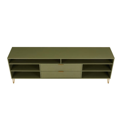 Fluted olive green TV stand with ribbed central drawers and gold metal legs; side shelves on Tampa Home & Garden Store