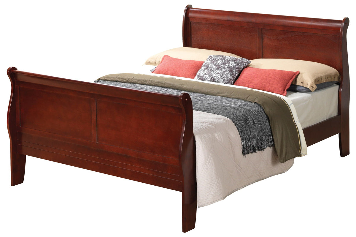 Panel sleigh bed in cherry wood finish with beige bedding and red cushions HouseOfZazla on Tampa Home & Garden Store