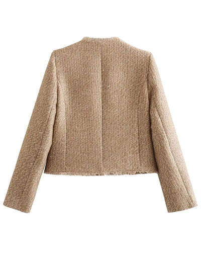 Camel boucle jacket Stevvex back view with cropped length and raw hem long sleeves on Tampa Home & Garden Store