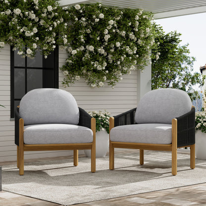 Grotta Outdoor Wood Club Chair Set of 2 with grey cushions and wooden frames for outdoor patio on Tampa Home & Garden Store