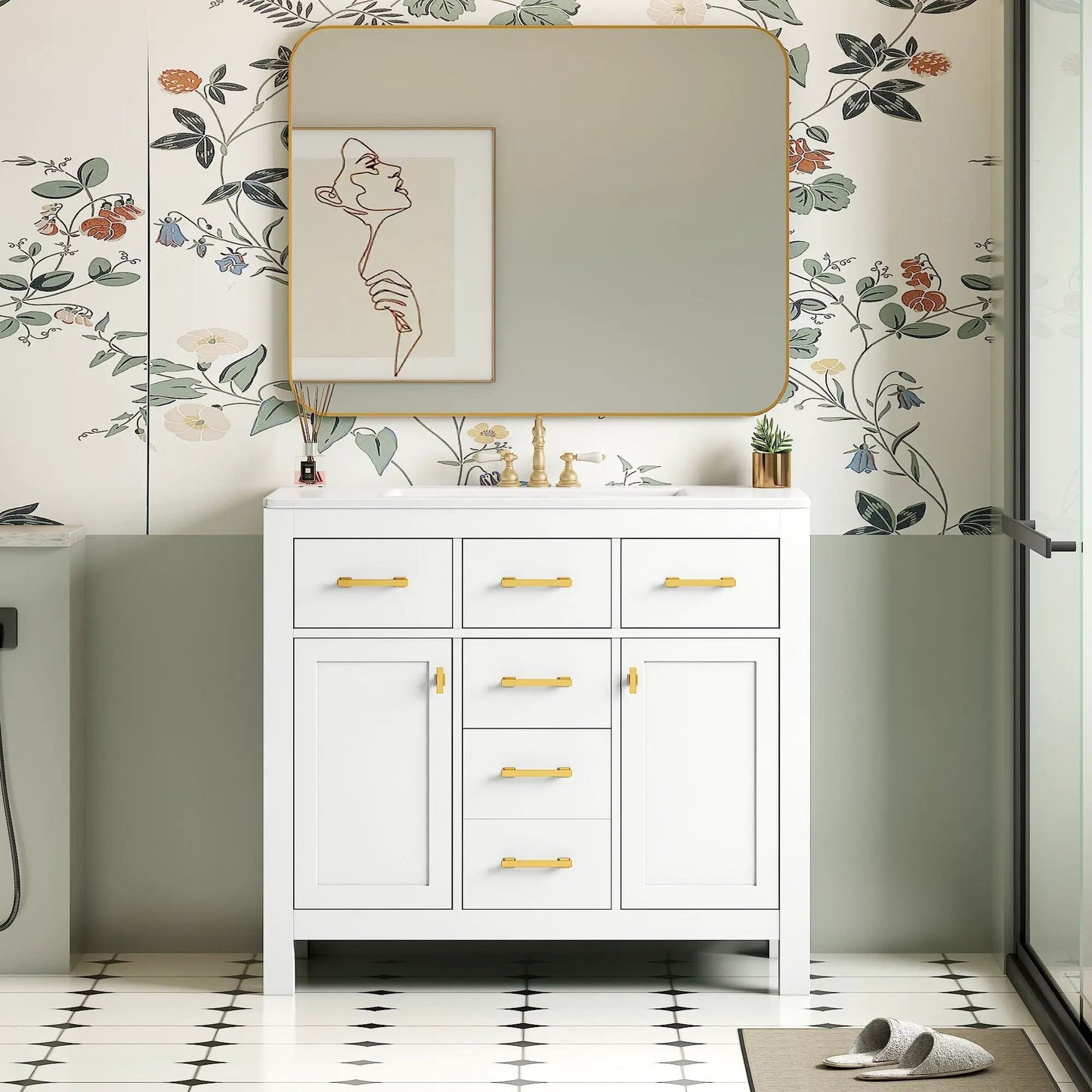 Bathroom vanity with sink combo, white cabinet with 4 drawers and gold handles, grey top on Tampa Home & Garden Store