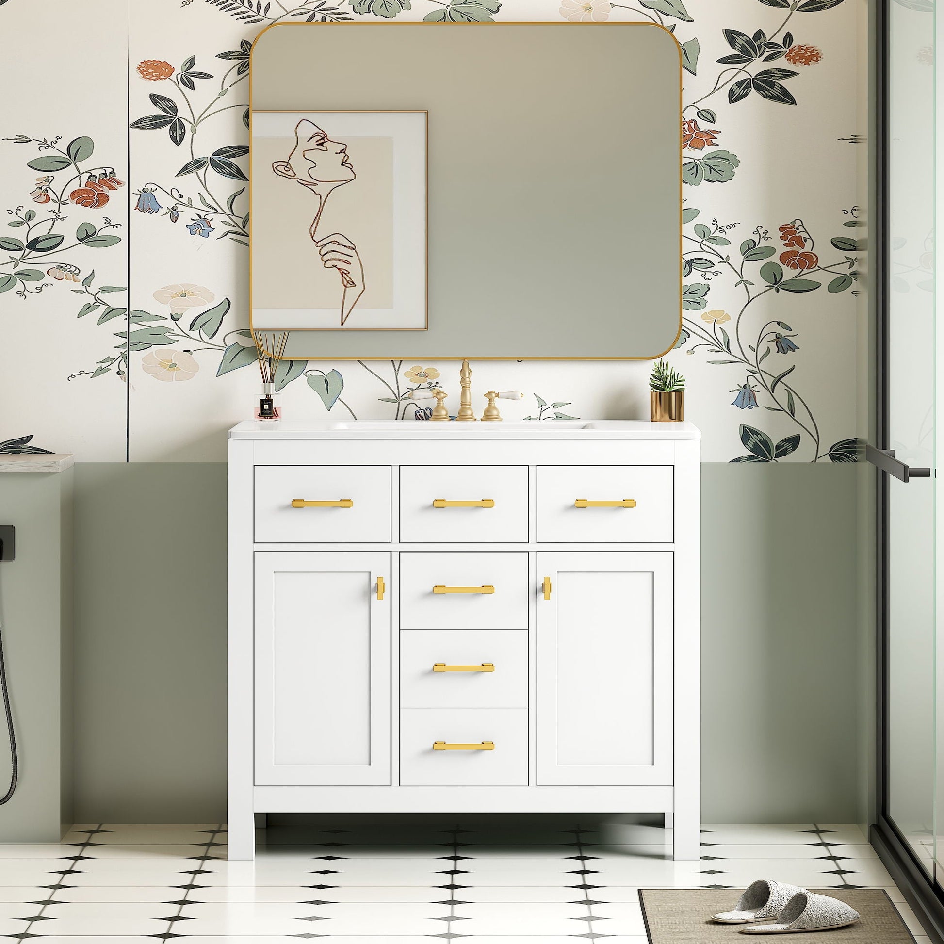 Bathroom vanity with sink combo, white cabinet with 4 drawers and gold handles, grey top on Tampa Home & Garden Store