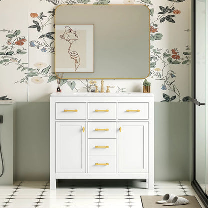 Bathroom vanity with sink combo, white cabinet with 4 drawers and gold handles, grey top on Tampa Home & Garden Store