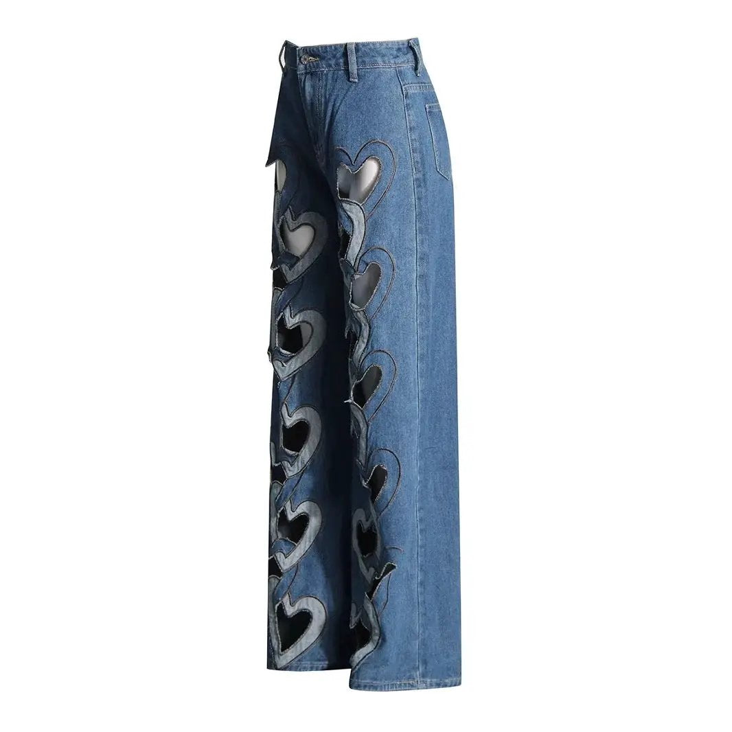 High waist hollowed heart wide-leg jeans by FLIPSTYLEZLLC, blue denim with heart cutouts on Tampa Home & Garden Store