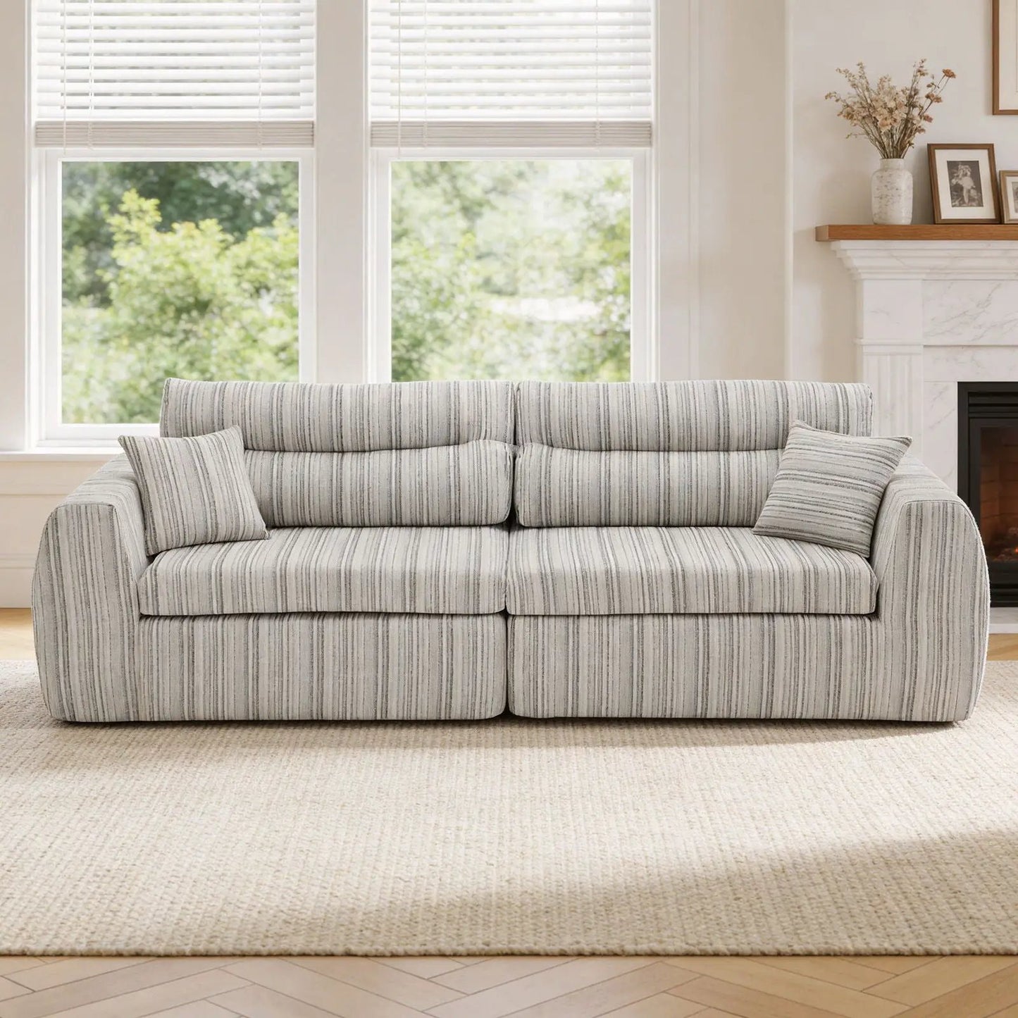 3 Seater stationary sofa in gray striped fabric with 2 matching throw pillows on Tampa Home & Garden Store