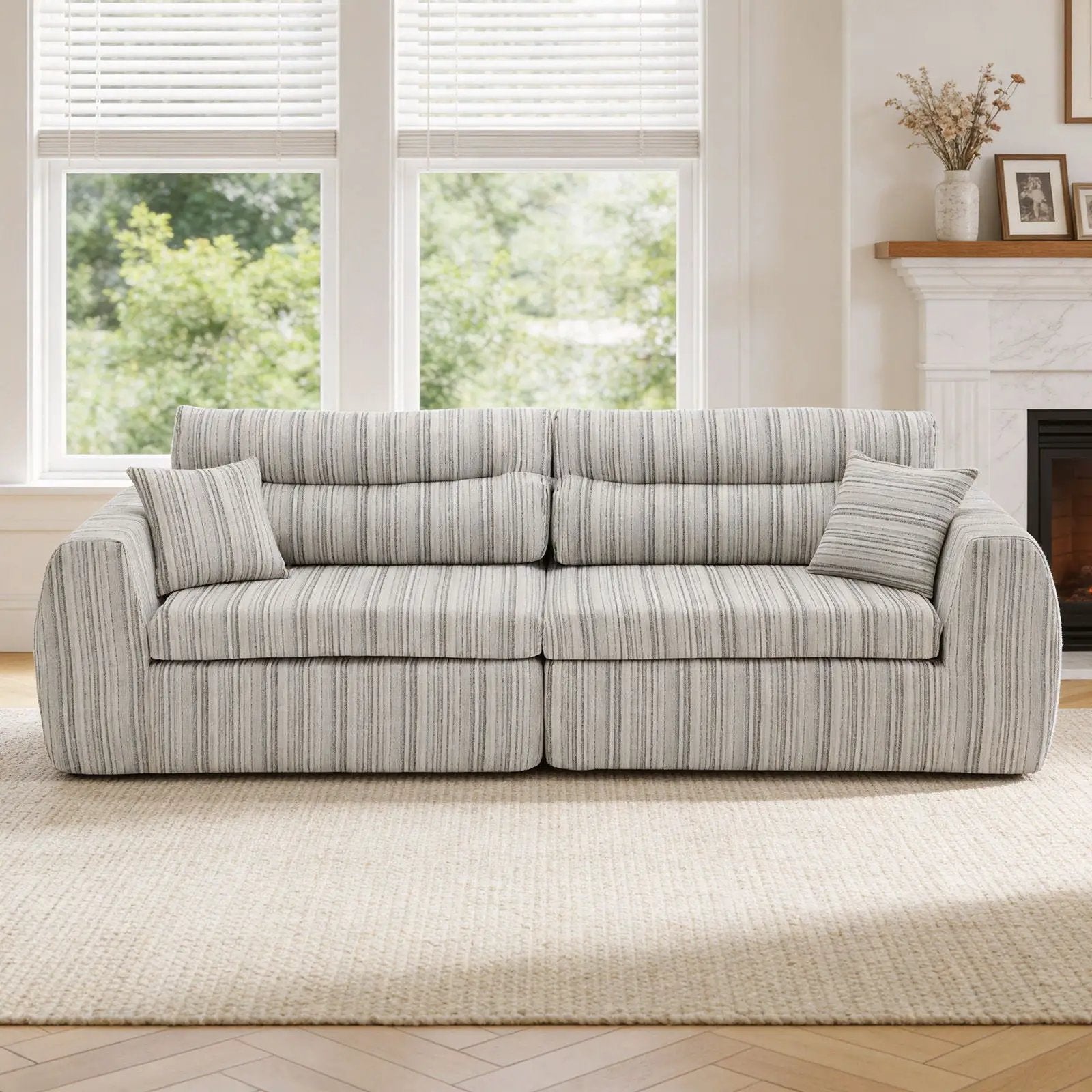 3 Seater stationary sofa in gray striped fabric with 2 matching throw pillows on Tampa Home & Garden Store