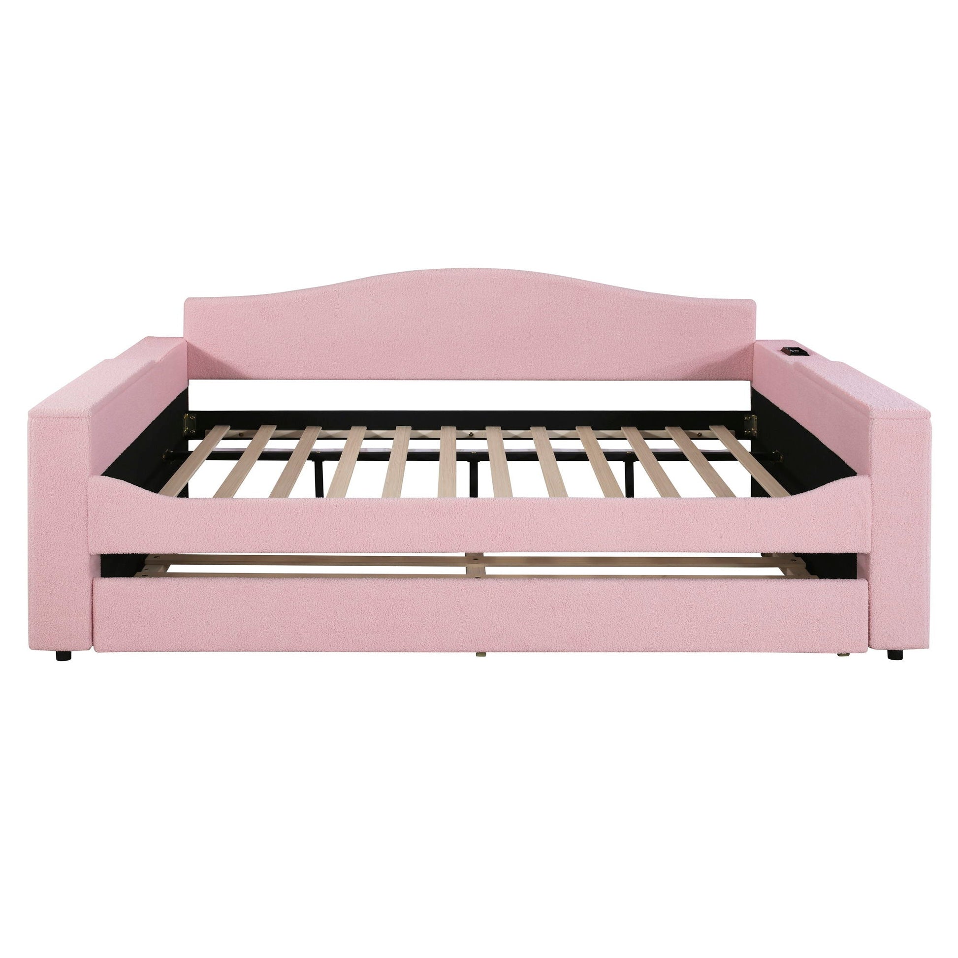 Upholstered pink daybed with storage armrests and slatted base by HouseOfZazla on Tampa Home & Garden Store