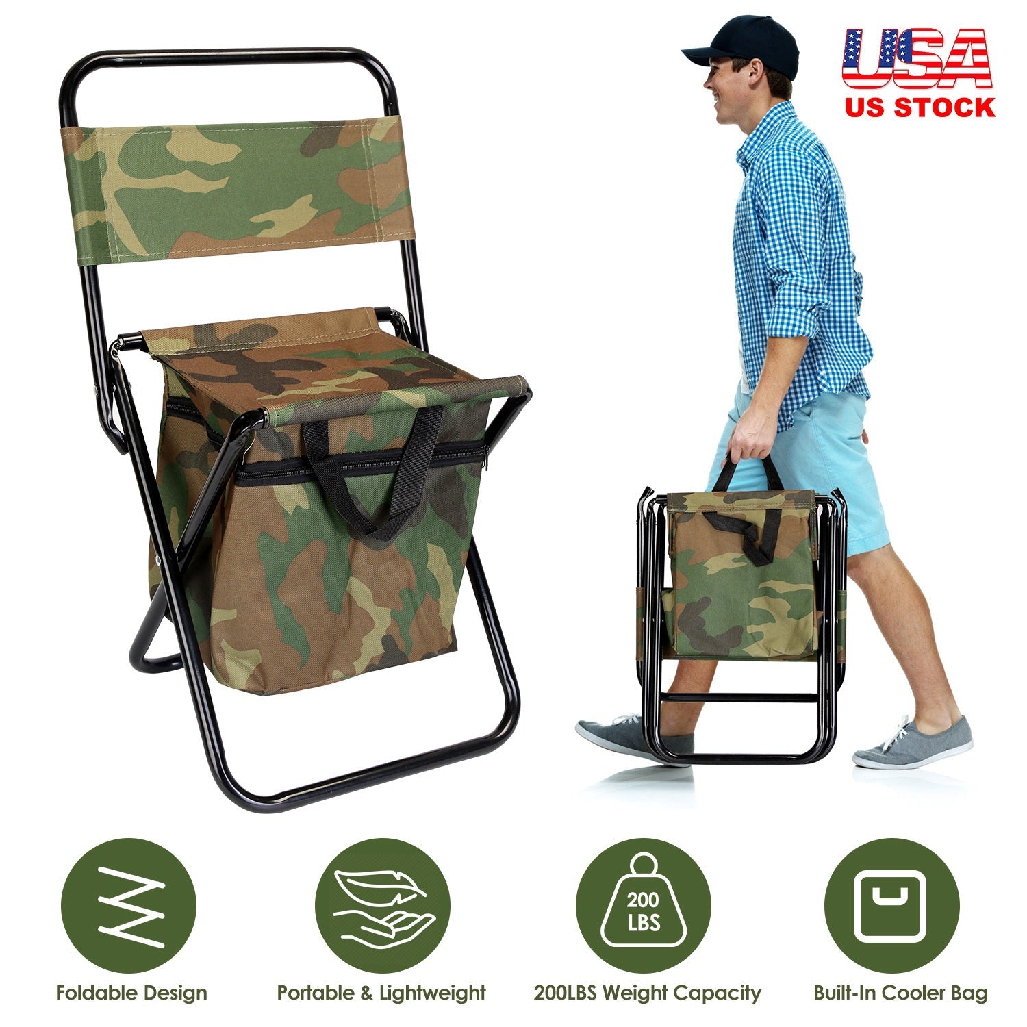GemGear foldable fishing chair with camouflage fabric, backrest and built-in cooler bag on Tampa Home & Garden Store
