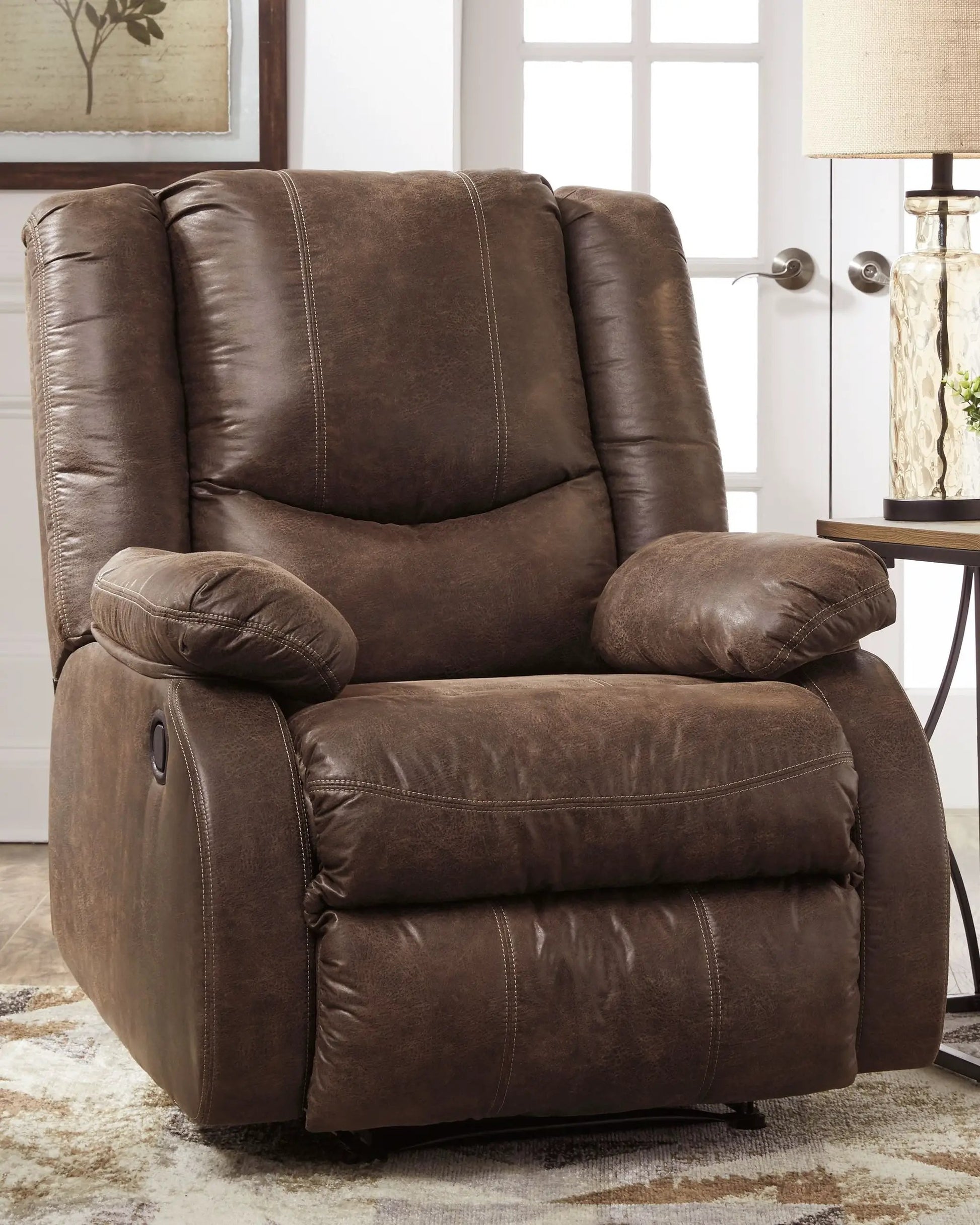 Bladewood Recliner in brown leather with contrast stitching and plush cushions on Tampa Home & Garden Store