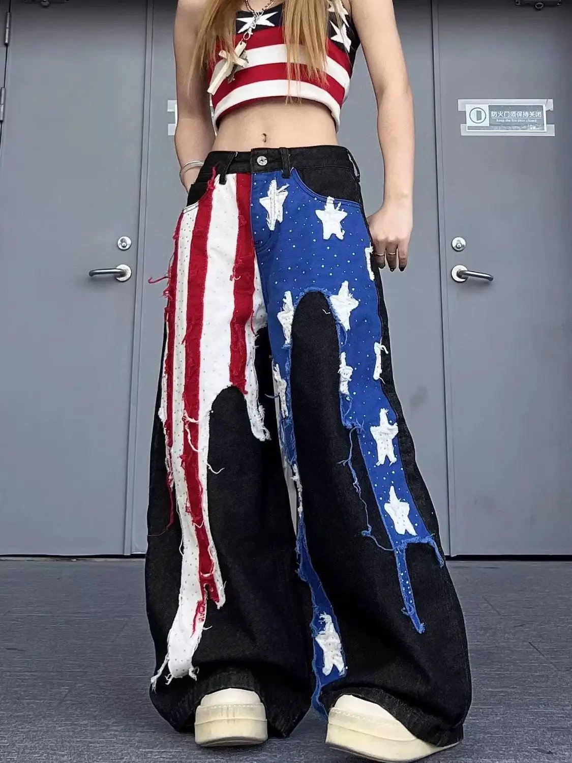 Womens washed patch jeans with red white stripes and blue star patches by FLIPSTYLEZLLC on Tampa Home & Garden Store