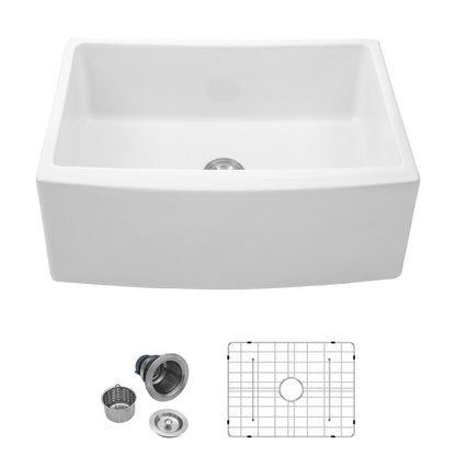 Farmhouse apron-front sink, white ceramic, bowl with arch edge HouseOfZazla drain and rack on Tampa Home & Garden Store