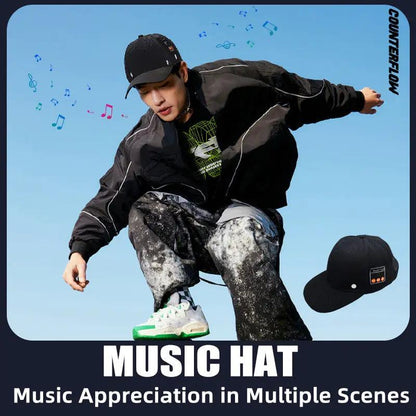 Bluetooth music hat, black baseball cap with FLIPSTYLEZLLC branding worn by model; second cap visible on Tampa Home & Garden Store