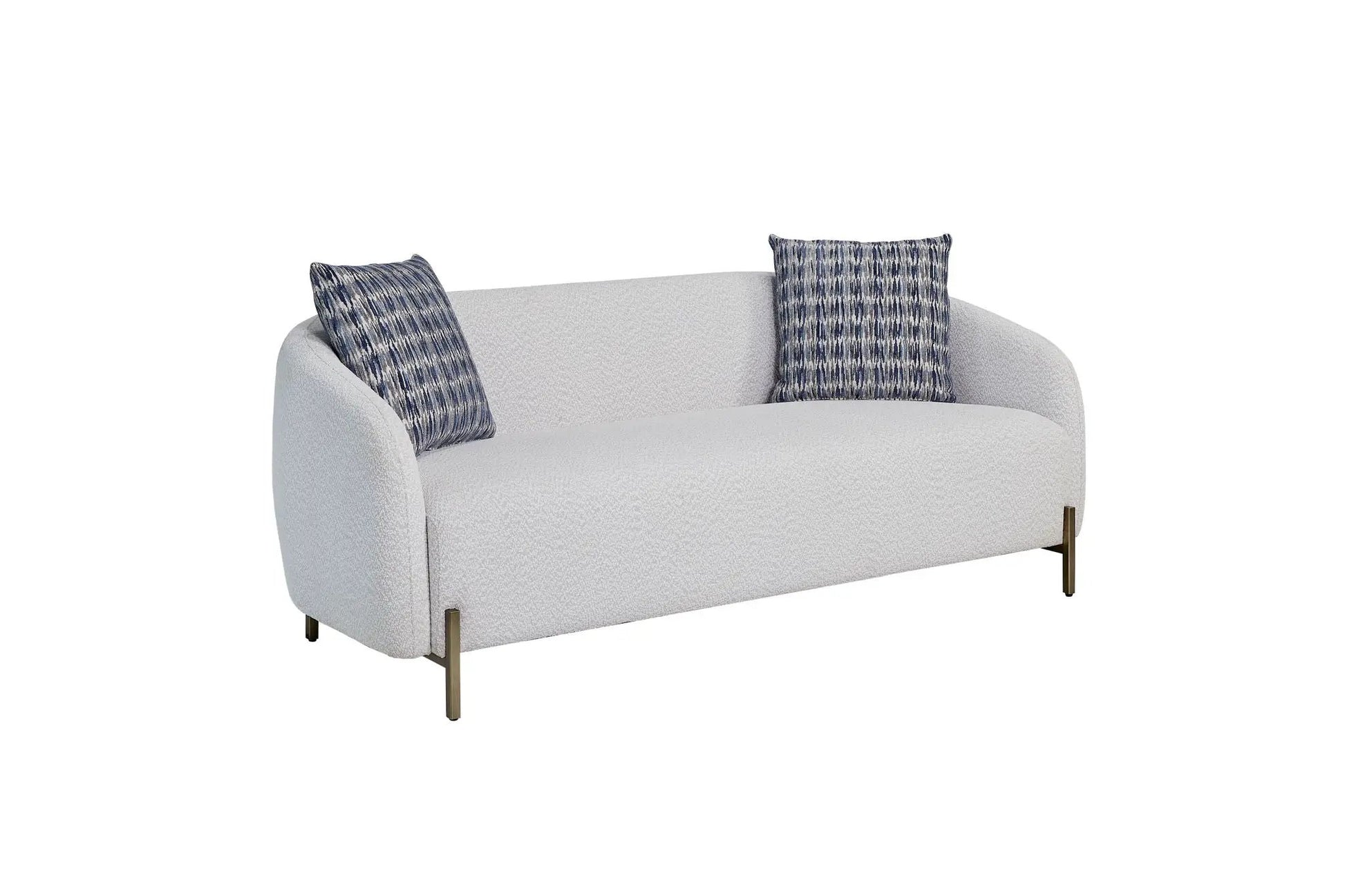 Rounded Sofa - White, light gray fabric, curved arms; two blue cushions on Tampa Home & Garden Store