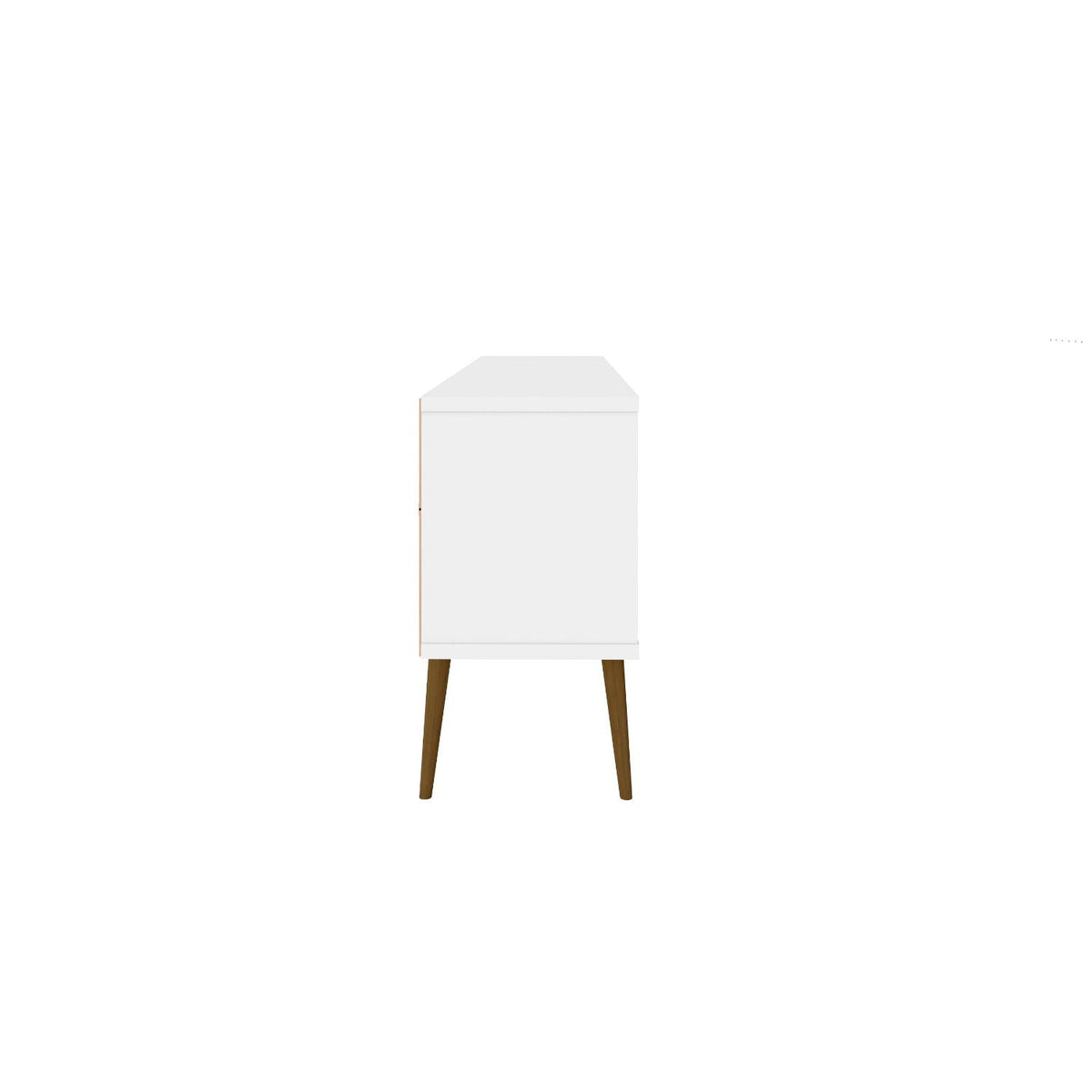 Mid-Century modern white TV stand with solid wood splayed legs on Tampa Home & Garden Store