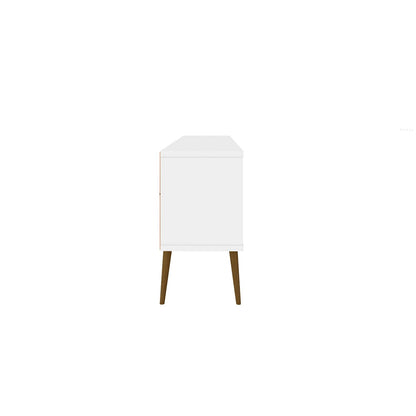 Mid-Century modern white TV stand with solid wood splayed legs on Tampa Home & Garden Store