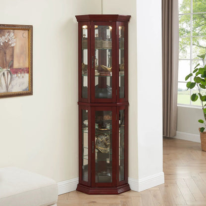 Corner curio cabinet with lights by Unique Piece Furniture burgundy tempered glass shelves on Tampa Home & Garden Store
