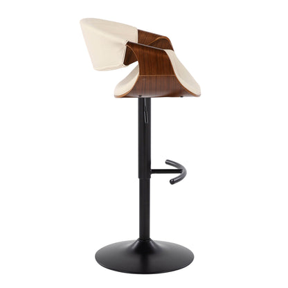 Symphony mid-century adjustable barstool with beige upholstery and wood shell, swivel on Tampa Home & Garden Store