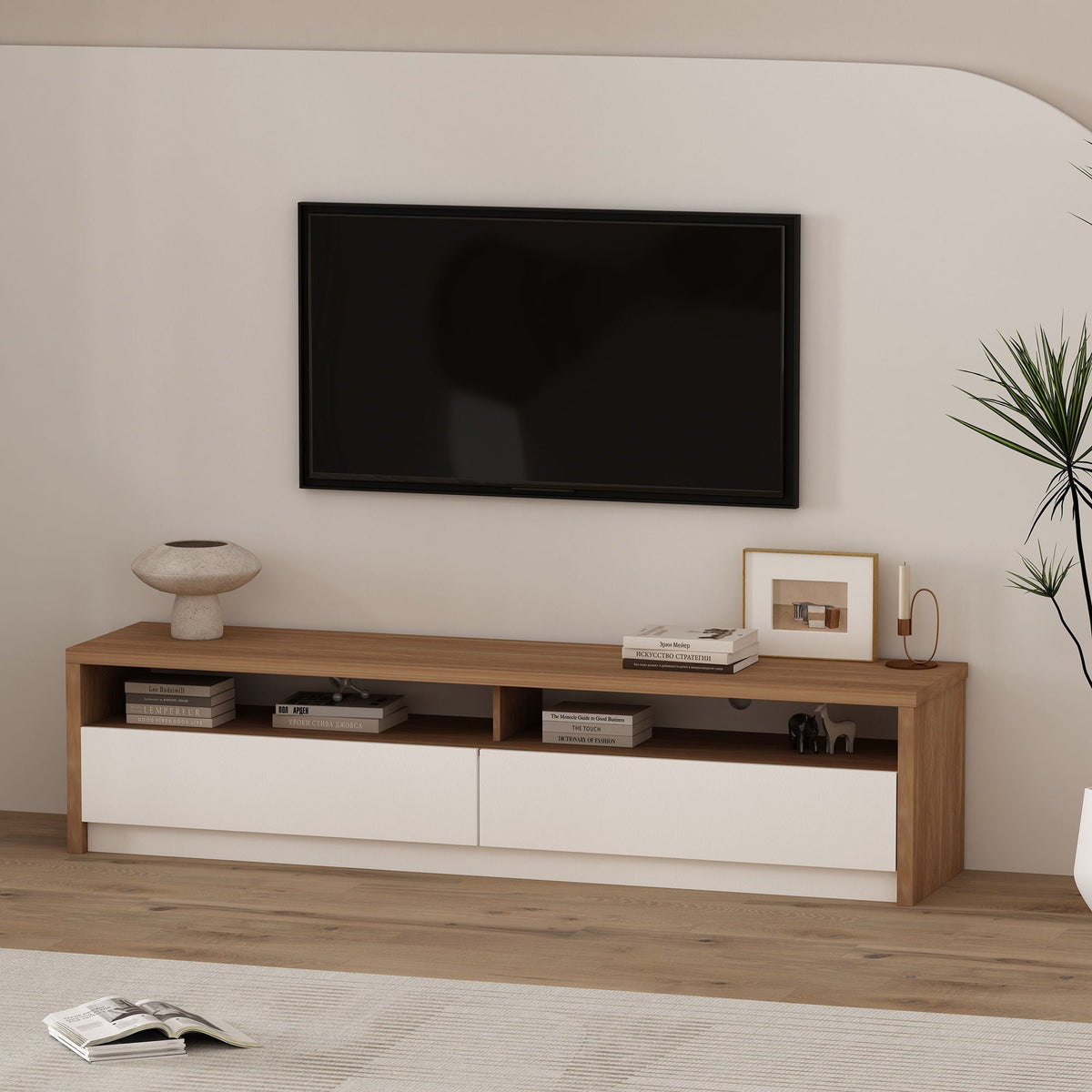 Modern 70in TV stand with full-extension drawers in white and light brown wood, TV mounted above on Tampa Home & Garden Store