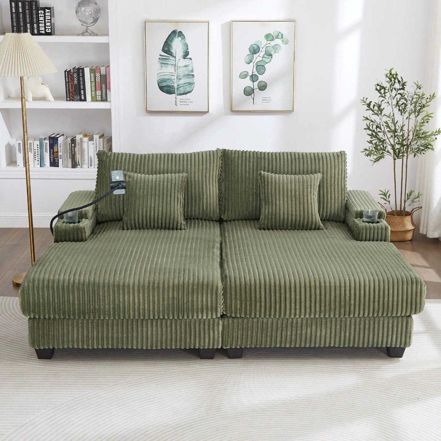 Modern chaise sofa in olive green corduroy upholstery with modular sections in a bright living room on Tampa Home & Garden Store