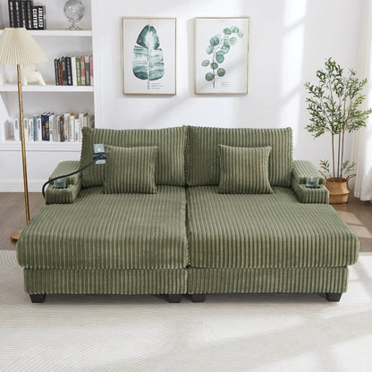 Modern chaise sofa in olive green corduroy upholstery with modular sections in a bright living room on Tampa Home & Garden Store