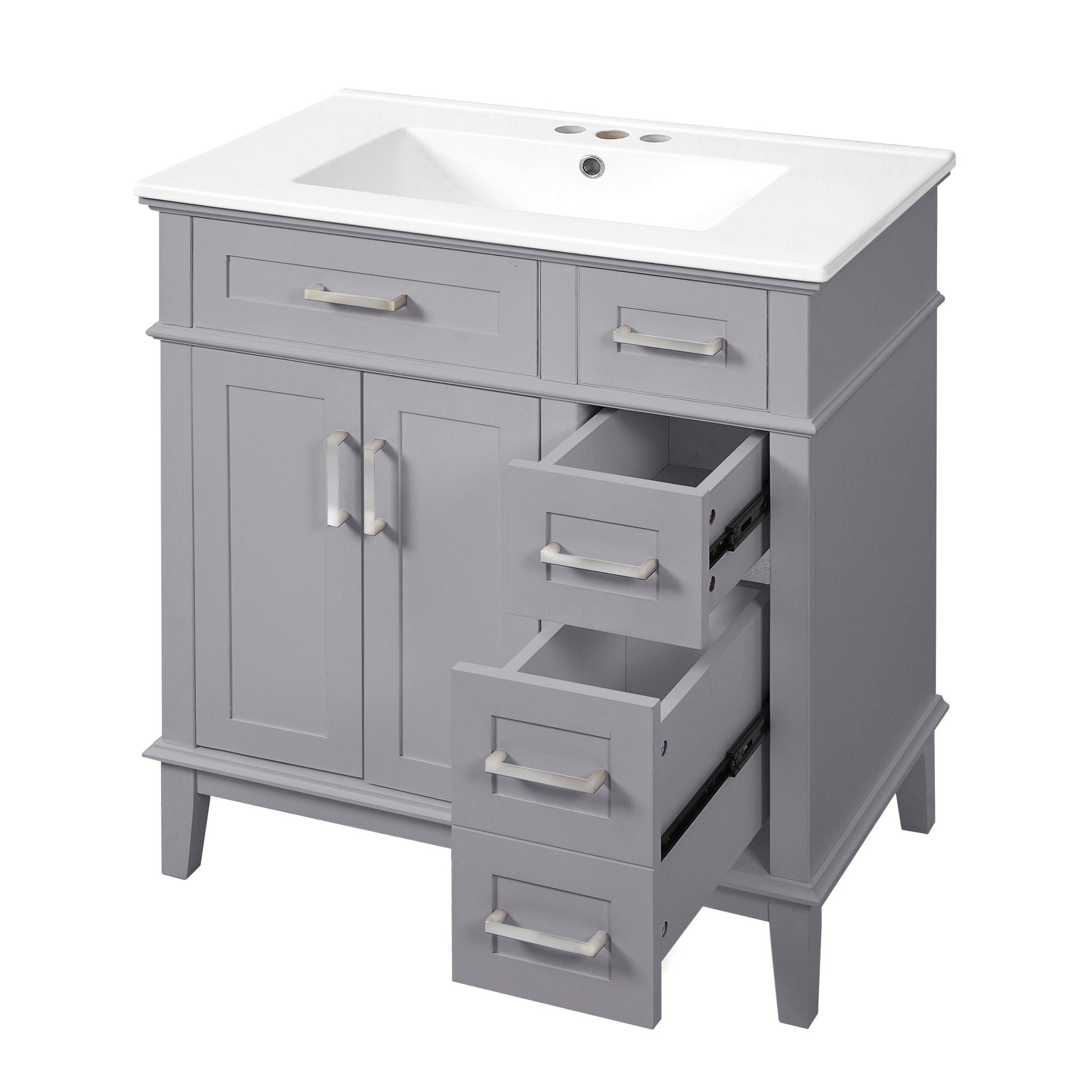 Modern bathroom vanity with white sink and gray cabinet, multiple drawers and soft-close doors on Tampa Home & Garden Store
