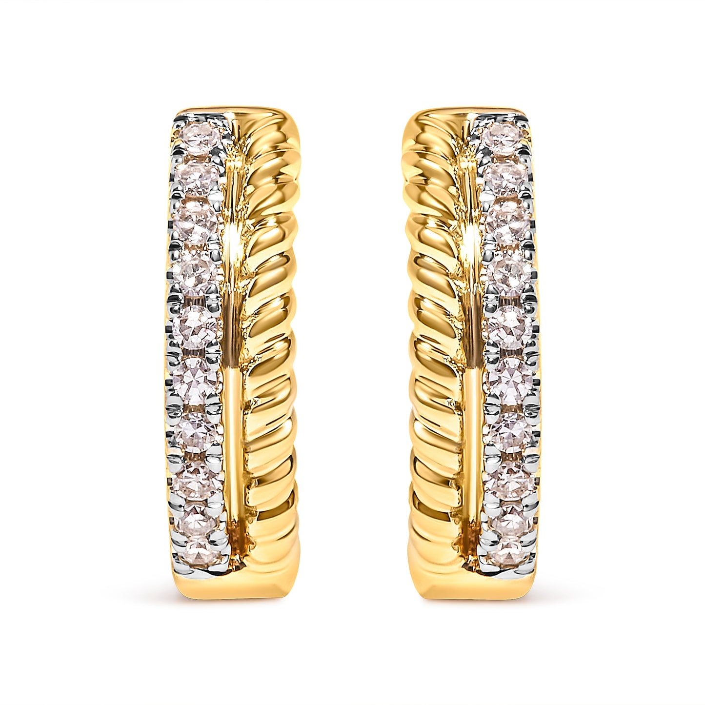 Pair of 10K yellow gold huggy hoops with rope twist and 1/10 cttw diamonds along edges on Tampa Home & Garden Store