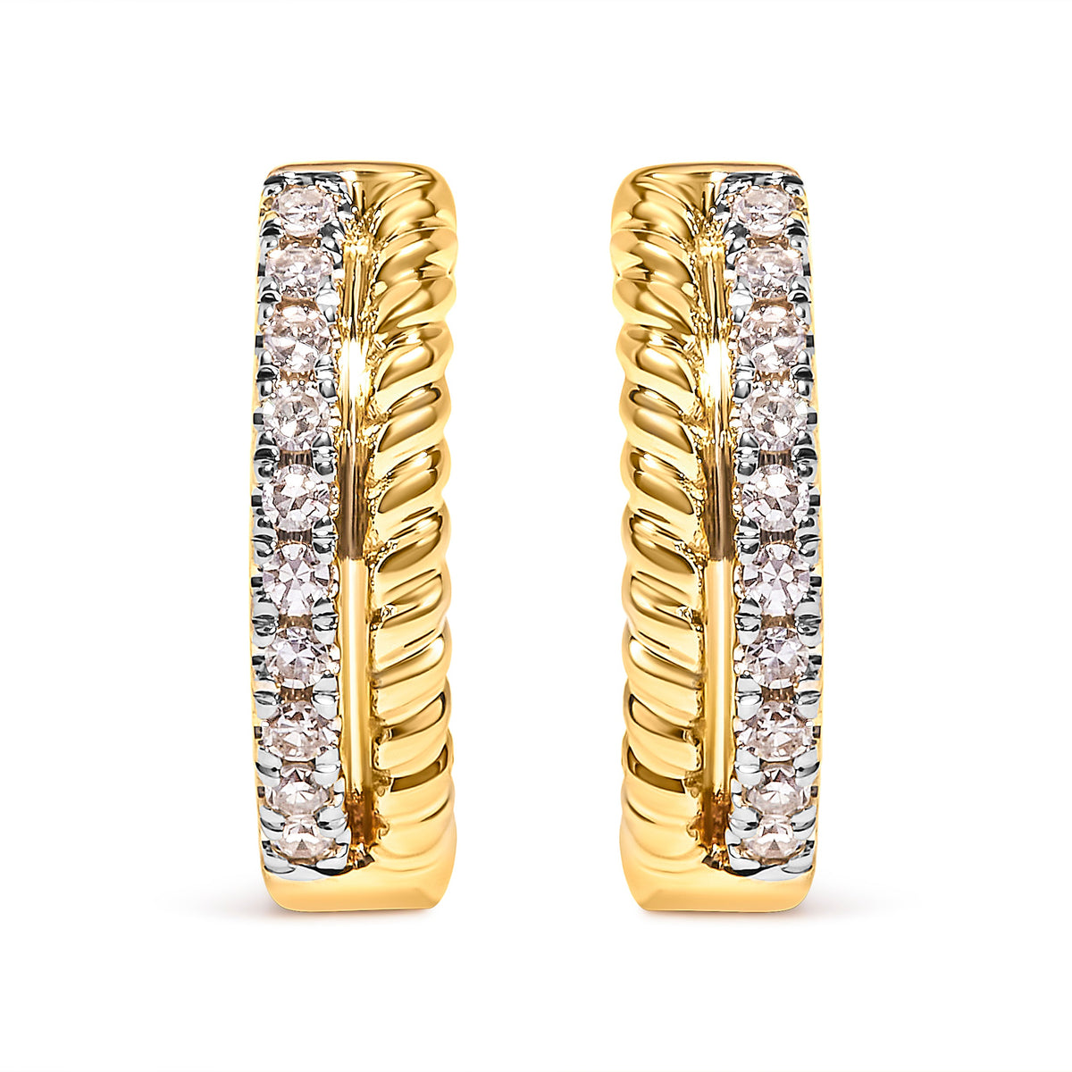 Pair of 10K yellow gold huggy hoops with rope twist and 1/10 cttw diamonds along edges on Tampa Home & Garden Store