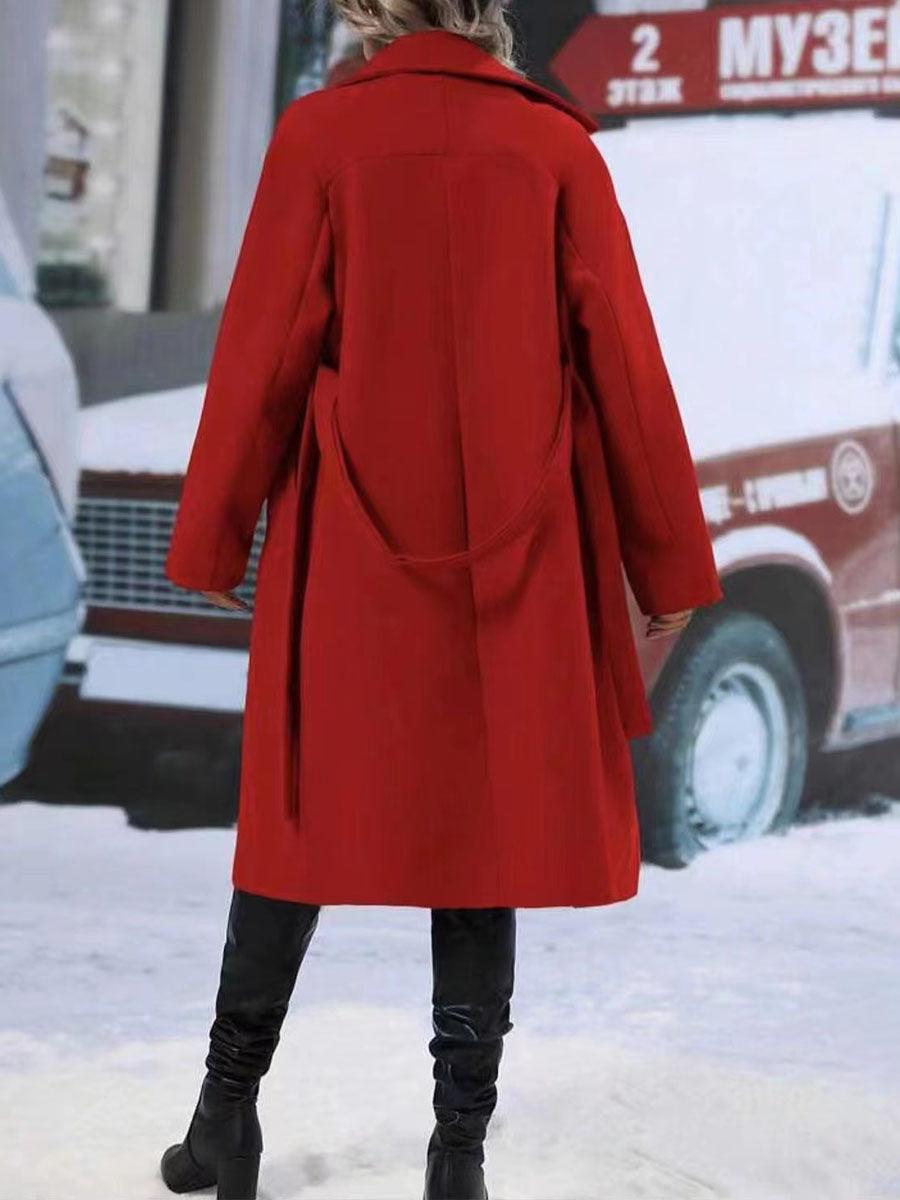 Red women's long double-breasted trench coat with belt back view winter wool blend outerwear on Tampa Home & Garden Store