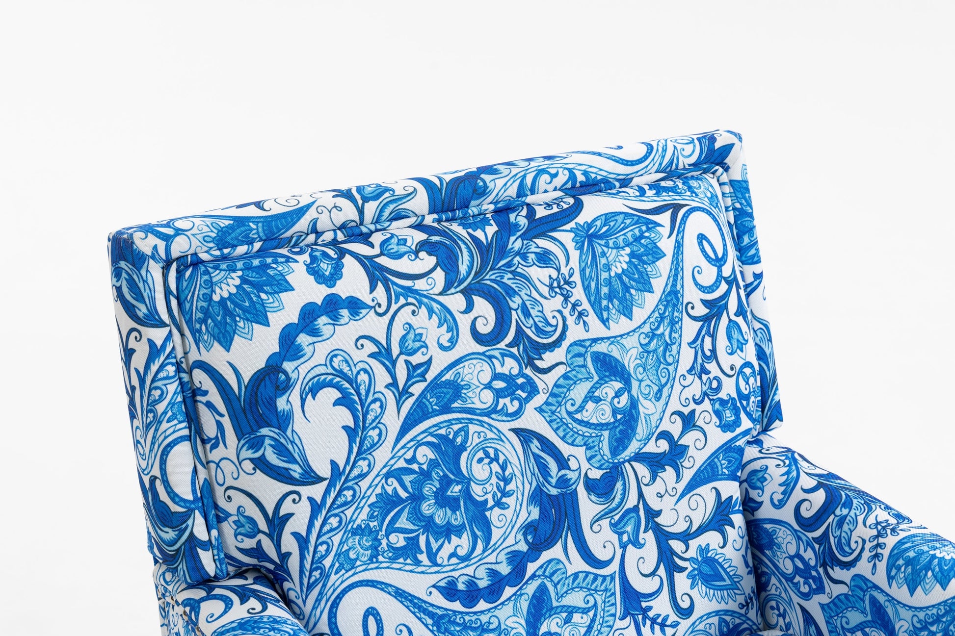 Upholstered Accent Chair with blue and white porcelain print linen fabric on Tampa Home & Garden Store