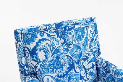 Upholstered Accent Chair with blue and white porcelain print linen fabric on Tampa Home & Garden Store